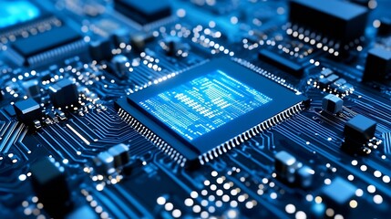 Poster - Closeup view of a modern circuit board with glowing components showcasing technology in electronics : Generative AI
