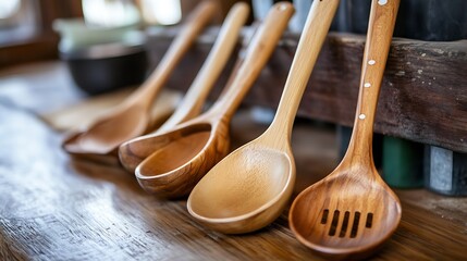 Aufkleber - Collection of handcrafted wooden cooking spoons arranged stylishly on a rustic table : Generative AI