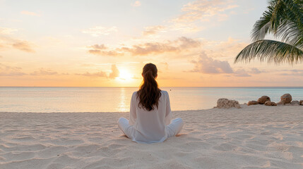 Wall Mural - woman in white outfit sits on sand, enjoying serene sunset by beach