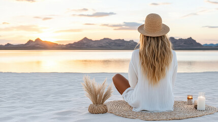 Wall Mural - woman in stylish cover up sits on sand, enjoying serene sunset