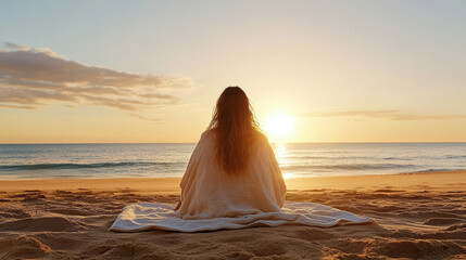 Wall Mural - woman sits on beach at sunset, wrapped in towel, enjoying tranquility