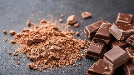 Aufkleber - Rich and Smooth Dark Chocolate Pieces with Cocoa Powder on Black Background : Generative AI