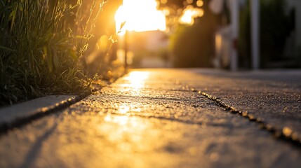 Poster - Golden sunlight streaming along a textured path with a warm glow creating a peaceful evening atmosphere : Generative AI