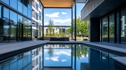 Poster - Modern urban architecture featuring a serene pool area surrounded by glass buildings under a bright sky : Generative AI