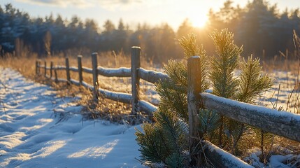 Canvas Print - Winter sunrise, snowy field, wooden fence, pine tree, peaceful landscape, nature photography