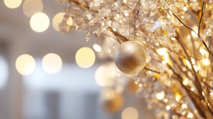 Poster - Sparkling Ornament Hanging from a Glittering Tree with Soft Blurred Lights in a Celebratory Setting : Generative AI