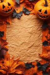 Wall Mural - Halloween background with pumpkins, bats and crumpled paper for your text