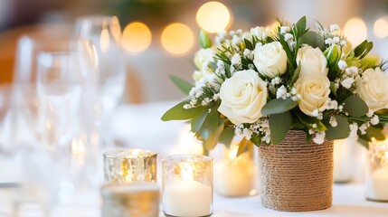 Poster - Elegant floral arrangement of white roses in a rustic burlap vase with soft lighting and candles : Generative AI