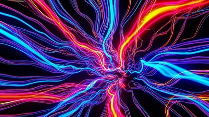 Poster - Colorful neon light trails on a black background, abstract digital art. Futuristic technology and vibrant energy concept