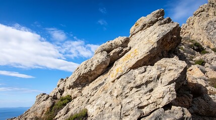 Aufkleber - Majestic rocky cliff basking in bright sunlight against a clear blue sky : Generative AI