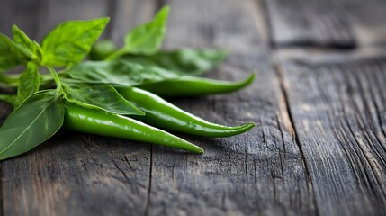 Aufkleber - Vibrant Fresh Green Chile Peppers with Lush Leaves on a Rustic Wooden Table : Generative AI