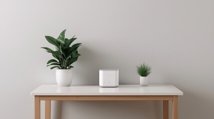 A minimalist table displays a white device and two potted plants against a neutral wall, creating a serene and stylish atmosphere.