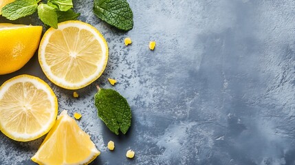 Aufkleber - Vibrant Fresh Lemons and Mint Leaves on a Textured Surface Enhancing Freshness and Zest : Generative AI