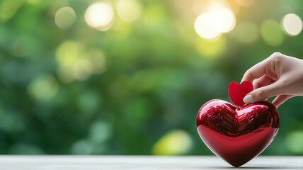 Wall Mural - woman hand places red heart shaped paper into glossy red heart, symbolizing love and affection. soft bokeh background adds warm, romantic atmosphere