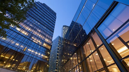Poster - Modern glass buildings reaching for the sky under the evening light with reflections and intricate designs : Generative AI