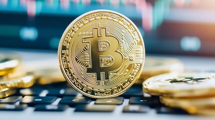 Aufkleber - Golden Bitcoin coin on a keyboard with financial charts in the background : Generative AI