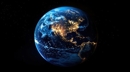 Poster - Aerial view of earth illuminated by city lights at night showcasing continents and oceans