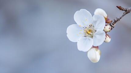 Poster - Delicate white cherry blossom flower on a branch against a soft and blurred blue background in spring : Generative AI