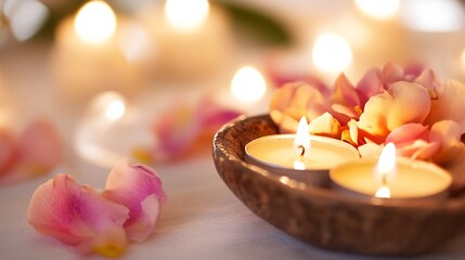 Leinwandbilder - Calming arrangement of glowing candles and vibrant flower petals on a soft surface creating a serene and relaxing ambiance : Generative AI