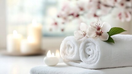 Poster - Beautiful home spa setup with towels candles and delicate cherry blossom flower decoration : Generative AI