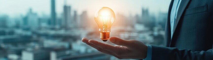 Poster - Businessman in suit holding a light bulb representing ideas and innovation in a professional setting