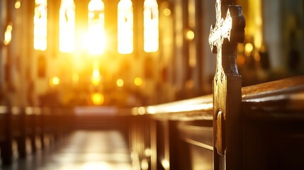 Aufkleber - Warm sunlight streaming through beautiful church interior with wooden pews and illuminating the sacred space : Generative AI