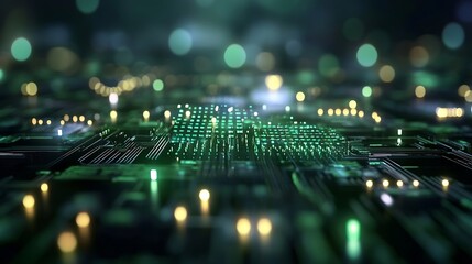 Aufkleber - Stunning abstract view of a microchip with glowing lights and circuitry in vibrant green hues : Generative AI