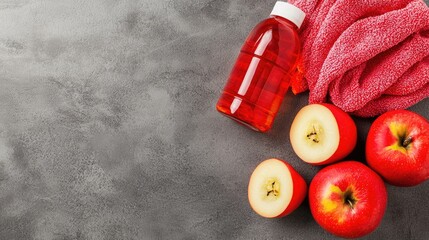 Poster - Healthy lifestyle apples, juice, towel on grey background