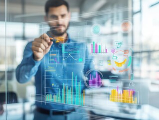 Poster - Man pointing at screen displaying graphs and charts in a modern office environment