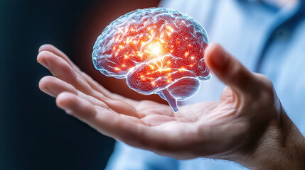 Aufkleber - futuristic brain computer interface device is held in hand, showcasing advanced technology and neural connections. glowing brain symbolizes innovation and cognitive enhancement