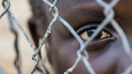 Aufkleber - Closeup of a child's eye peering through a rusty fence symbolizing innocence and struggle : Generative AI