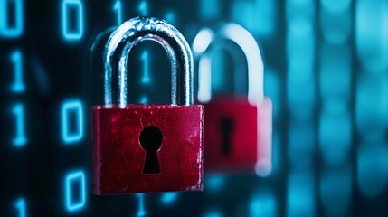 Leinwandbilder - High Quality Image of Locked Padlocks in Front of a Digital Binary Code Background Representing Online Security and Privacy : Generative AI