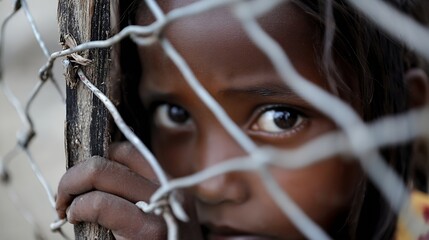 Aufkleber - Intimate close up portrait of a young girl peering through a chain link fence in a somber moment : Generative AI