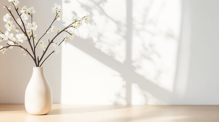 Leinwandbilder - Elegant minimalist arrangement of a vase with branches and flowers casting shadows on a bright wall : Generative AI