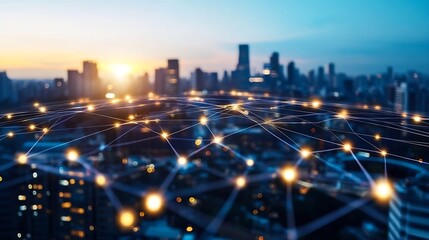 Poster - Stunning city skyline at dusk with glowing lights symbolizing networking and digital connectivity : Generative AI