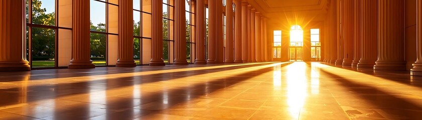 Wall Mural - Display phases routine Sunlight Through Columns Illuminating a Spacious Hall in Stunning Warm Tones