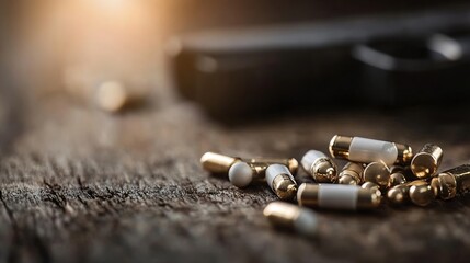 Close Up View of Capsules and a Gun on a Wooden Surface with Dramatic Lighting : Generative AI