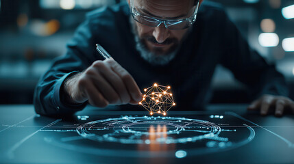 Leinwandbilder - Physicist manipulating floating holographic quantum equation, showcasing advanced technology and innovation in futuristic setting. scene captures moment of deep concentration and creativity