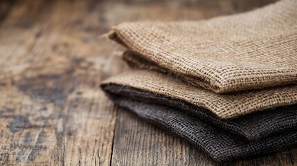 Poster - Close up of natural burlap fabric rolls stacked on wooden surface for ecofriendly projects : Generative AI