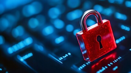 Leinwandbilder - A closeup view of a red padlock resting on a computer keyboard symbolizing cybersecurity and protection : Generative AI
