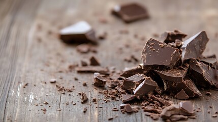 Aufkleber - Chunks of rich dark chocolate pieces scattered on rustic wooden surface : Generative AI