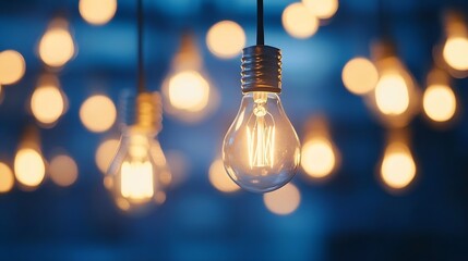 Poster - Beautiful arrangement of glowing light bulbs suspended in the air creating a warm bokeh effect in the background : Generative AI