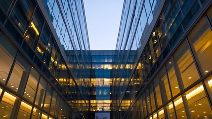 Aufkleber - Modern architectural design with glass buildings reflecting evening light in an urban setting : Generative AI