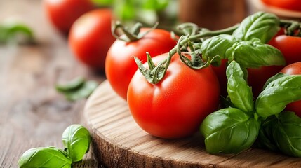 Poster - Fresh ripe tomatoes with basil leaves on a wooden cutting board for a healthy meal : Generative AI