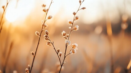 Fototapete - Delicate flowers blooming in a field illuminated by soft sunlight during golden hour : Generative AI