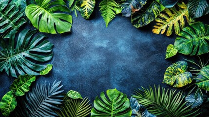 Wall Mural - Tropical leaves frame, dark background, nature design, ideal for advertisement