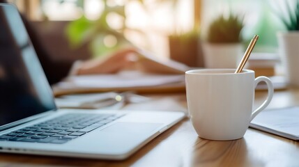Poster - Cozy workspace with laptop and coffee cup capturing a moment of productivity and creativity : Generative AI