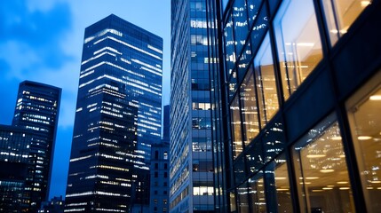 Poster - A stunning city skyline at dusk showcasing modern skyscrapers with vibrant lights : Generative AI