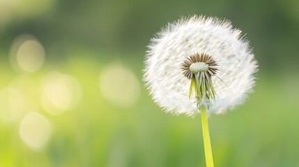 Fototapete - Closeup of a dandelion seed head with blurred green background and soft sunlight : Generative AI