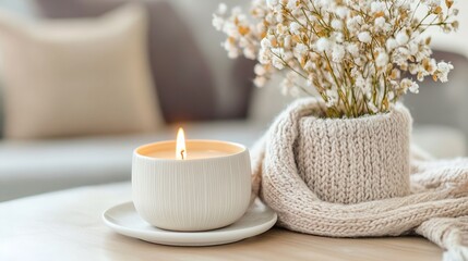 Poster - Cozy home decor featuring a lit candle beside flowers and a soft knit blanket : Generative AI